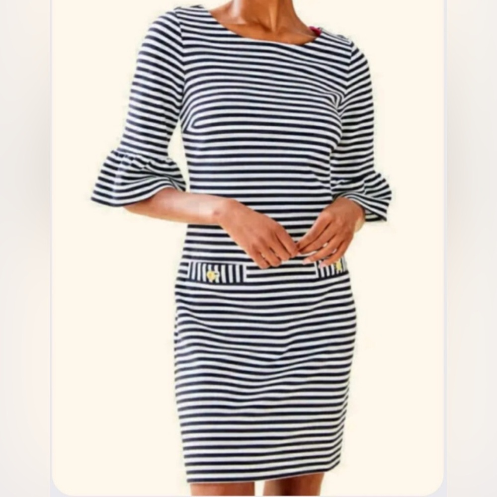 EUC LILLY PULITZER BLACK/WHITE STRIPED ALDEN DRESS, SZ S